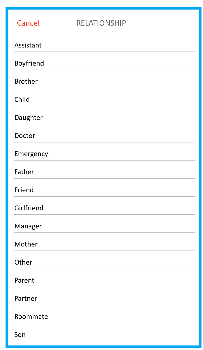screenshot of emergency contact relationship description list in SaferWatch app